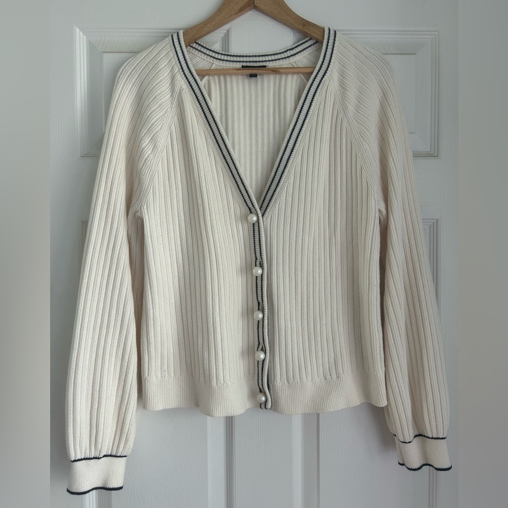 Talbots Ribbed Knit Cardigan Cream with Navy Trim